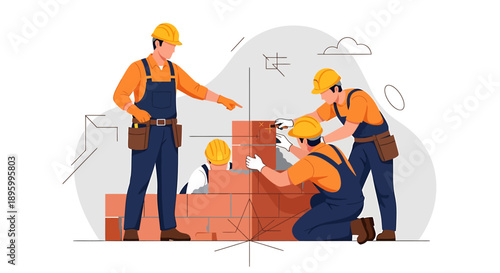Construction workers building a brick wall together on a site.
