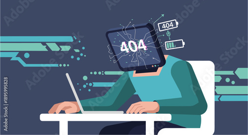 Conceptual illustration depicting a person experiencing a 404 error, symbolizing digital frustration and website issues on a computer screen.