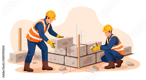 Construction workers building a brick wall together on a site.