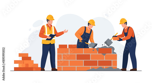 Construction workers building a brick wall together on a site.