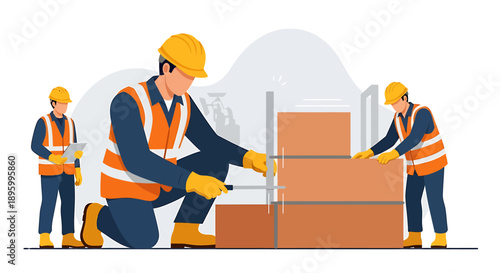 Construction workers building a brick wall together on a site.