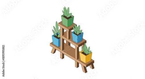 Potted Plants on Wooden Shelves Arrangement.