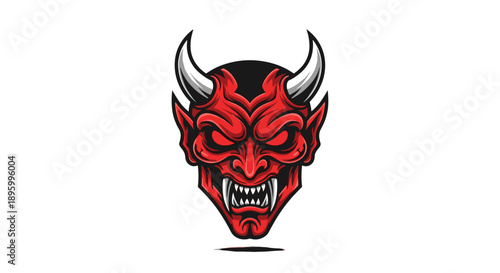 Red Devil Face with Horns and Sharp Teeth.