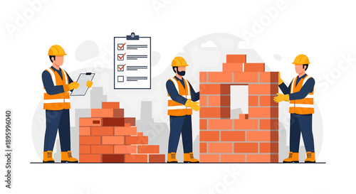 Construction workers building a brick wall with a checklist.