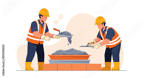 Construction workers building a brick wall with cement.