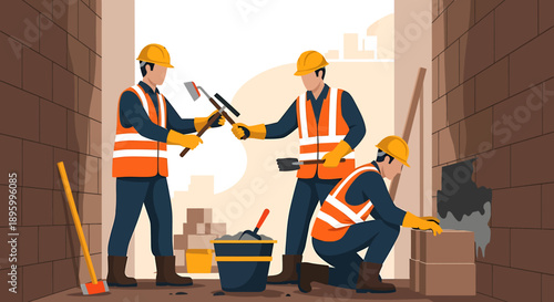 Construction workers building a structure together on a site.