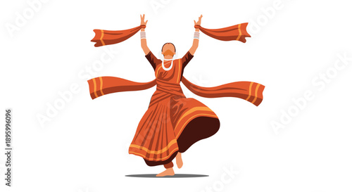 Dynamic illustration of a traditional Indian classical dancer gracefully performing a cultural art form with flowing fabric on a white background.