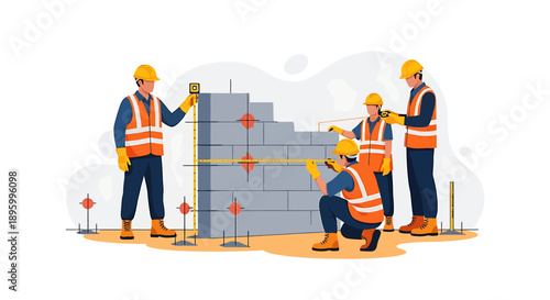 Construction workers building a concrete wall together on a site.