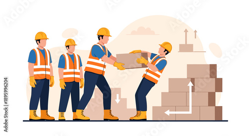 Construction workers carrying heavy boxes together on site.