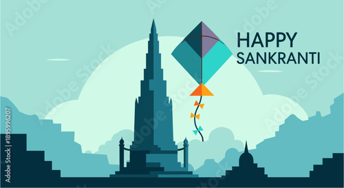 A vibrant illustration of a kite flying high above a majestic temple, celebrating the joyous Hindu festival of Happy Sankranti.