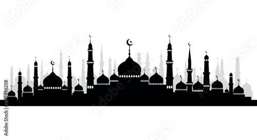 Silhouette of a mosque complex with domes and minarets against a white background, featuring a crescent moon.