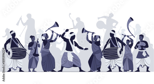 A vibrant illustration captures a traditional Indian festival celebration with musicians playing various instruments and dancing in rhythmic harmony.