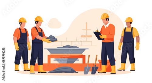 Construction workers collaborating on a building site project.