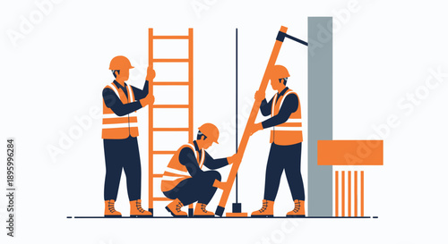 Construction workers collaborating on a building site project.