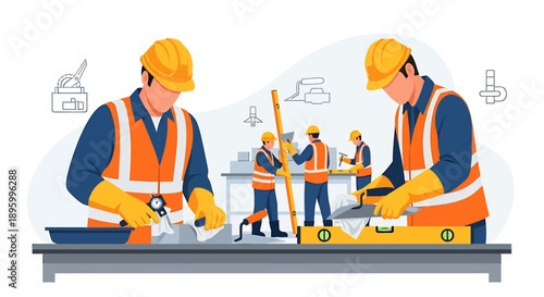 Construction workers collaborating on a building site project.