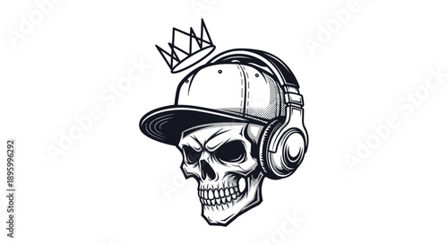 Skull Wearing Headphones and Crown Illustration.
