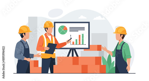 Construction workers collaborating on a project presentation with charts.