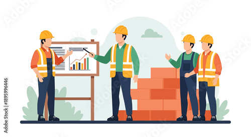 Construction workers collaborating on a project presentation.