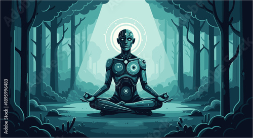 A serene, contemplative humanoid figure meditates peacefully in a mystical, moonlit forest, emanating spiritual energy and inner calm.