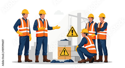 Construction workers in safety vests and hard hats discussing plans.