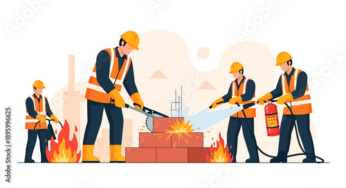 Construction workers in safety gear building a brick wall with tools.