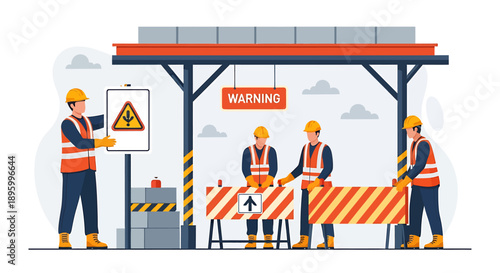 Construction workers installing warning signs and barriers at a site.
