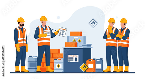 Construction workers in safety vests and hard hats discussing hazardous materials.