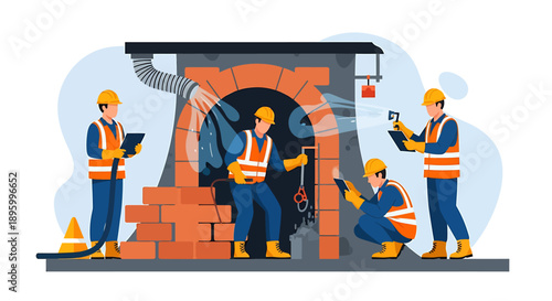 Construction workers inspecting a brick structure with safety gear.