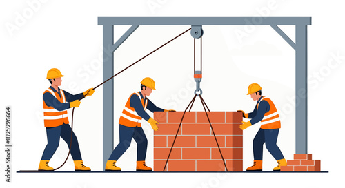 Construction workers lifting bricks with crane and pulley system.