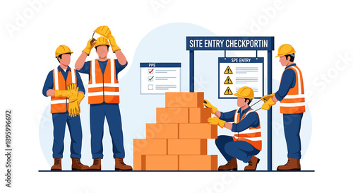 Construction workers preparing site safety check-in with bricks and signage.