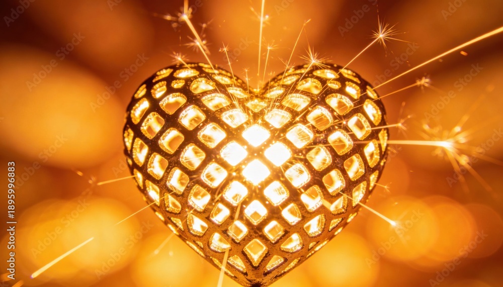 Obraz premium Golden heart lantern with sparkling fireworks, symbolizing love and celebration