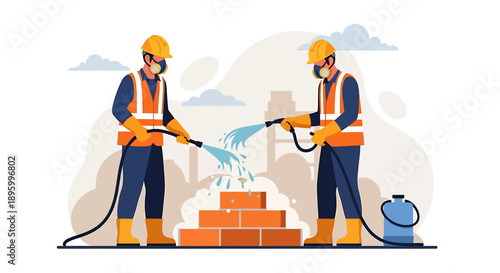 Construction workers washing bricks with water hoses.