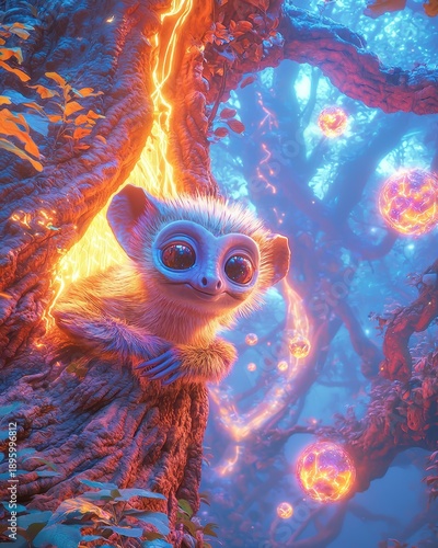 Neon Light Glow of wild animals, Enchanted Creature Peeking from a Tree in a Mystical Forest with Glowing Orbs