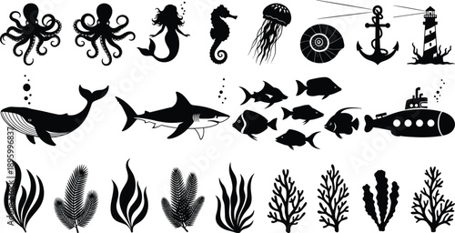Silhouettes of marine life and underwater elements including fish, mermaids, seaweed, submarine, lighthouse, and ocean creatures