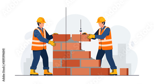 Two construction workers building a brick wall together.