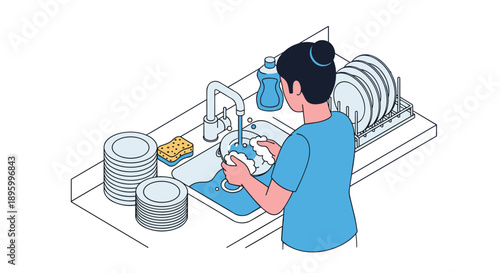 Woman Washing Dishes in Sink.