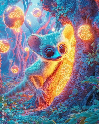 Neon Light Glow of wild animals, Enchanting Forest Creature with Glowing Orbs in a Mystical Environment at Night