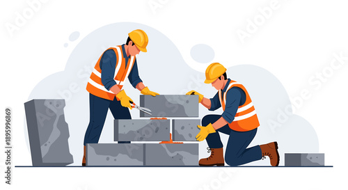 Two construction workers building a brick wall together.