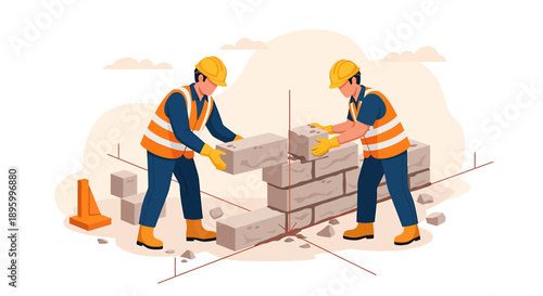 Two construction workers building a brick wall together on a site.