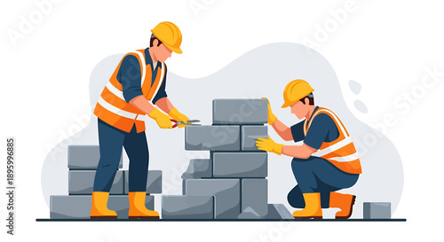 Two construction workers building a brick wall together.