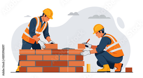 Two construction workers building a brick wall together on a site.