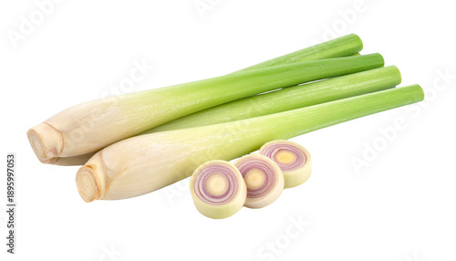 Fresh lemongrass stalks and sliced pieces on a white background, ready for culinary use in various dishes isolated on solid white background2
