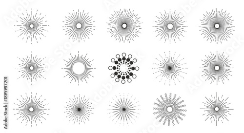 Selection of hand-drawn radial sunburst or starburst icons with various line styles and dot patterns in a clean black and white look.