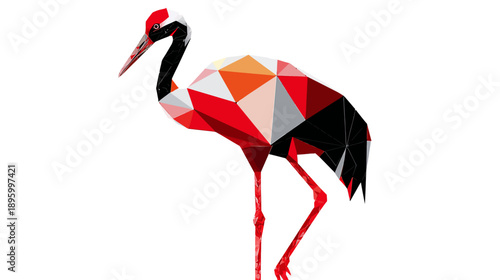 Low poly style depiction of a crane standing on a white background, featuring red, black, and white polygons