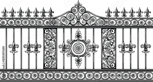 Black, and, white, vector, illustration, of, an, ornate, wrought, iron, fence, or, gate, with, fleur, de, lis, accents, and, classical, decorative, scrollwork, patterns
