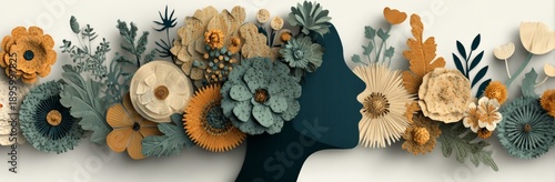 A paper‑cut artwork depicting a woman with a floral backdrop, including copy space and an International Women’s Day banner