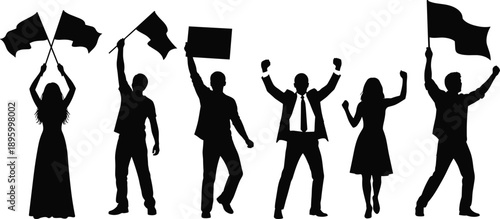 Vector, black, silhouettes, of, diverse, people, holding, flags, and, signs, cheering, with, raised, arms, for, protest, activism, celebration, victory, and, social, justice, movements