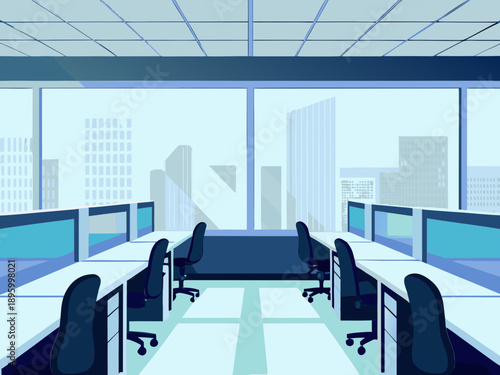 An empty office space with rows of desks facing a cityscape window