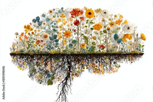 Imagine a human brain adorned with colorful spring blossoms, representing concepts of mental wellness, self‑care, joy, harmony, optimistic thought, and creativity, linked to World Mental Health Day