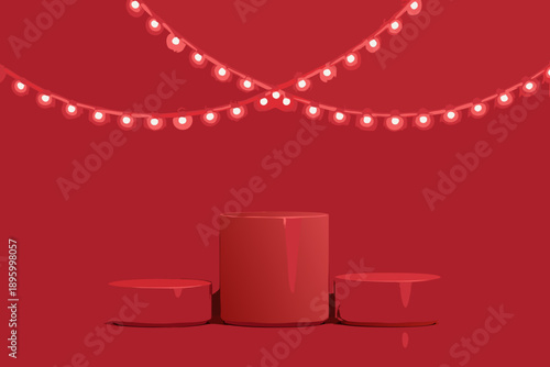 Red product display with illuminated string lights and minimalist platforms